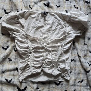 Current Mood L White Lace-Up Puff Sleeve Crop Top